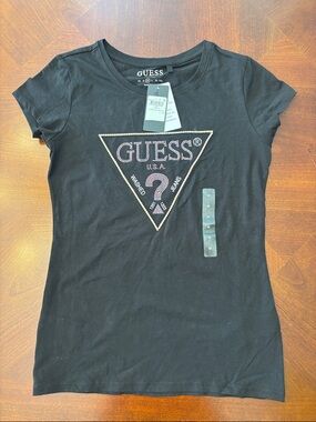 GUESS Black Logo Tee with Trimmed Rhinestone Triangle